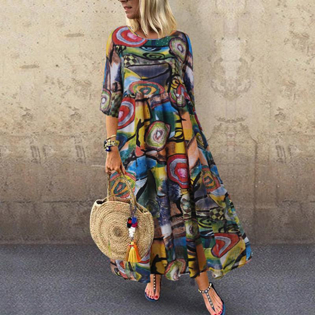 Vestido elegante informal de cuello redondo y manga corta con estampado integral para mujer, talla grande