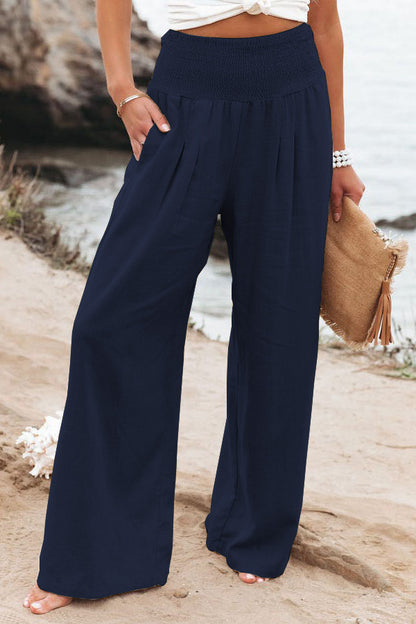 Women Cotton Linen Pockets Solid Loose Casual Wide Leg Long Trousers Pants