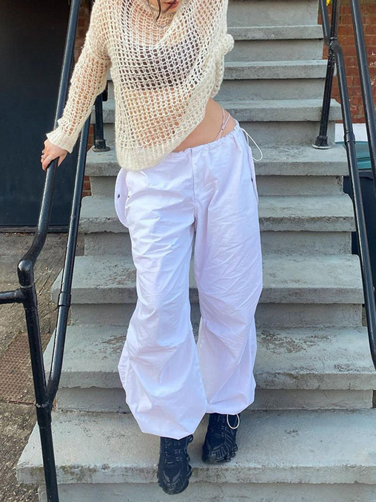 Women Casual Trousers Solid Loose Drawstring Low Waist Streetwear Joggers Baggy Wide Leg Sweatpants Pants