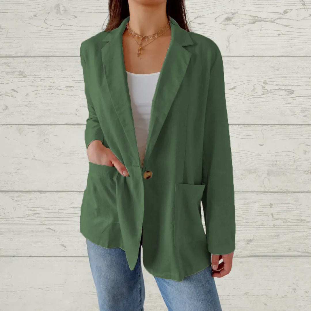 Women Casual Solid Color Cotton And Linen Lapel Button Blazer
