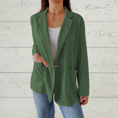 Women Casual Solid Color Cotton And Linen Lapel Button Blazer