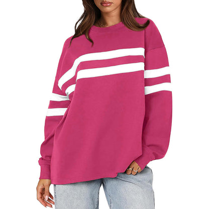 Women Casual Stripe Round Neck Loose Blank Sweatshirts