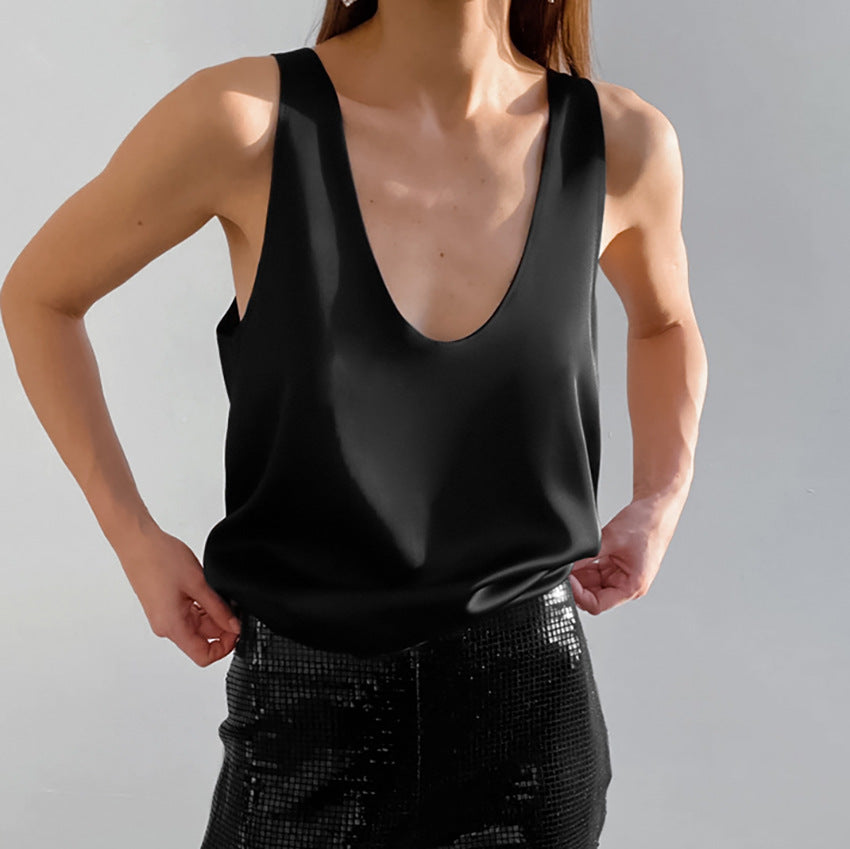 Camiseta sin mangas informal de color liso con cuello en U para mujer