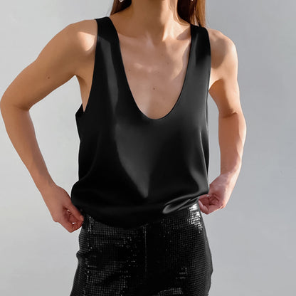 Camiseta sin mangas informal de color liso con cuello en U para mujer