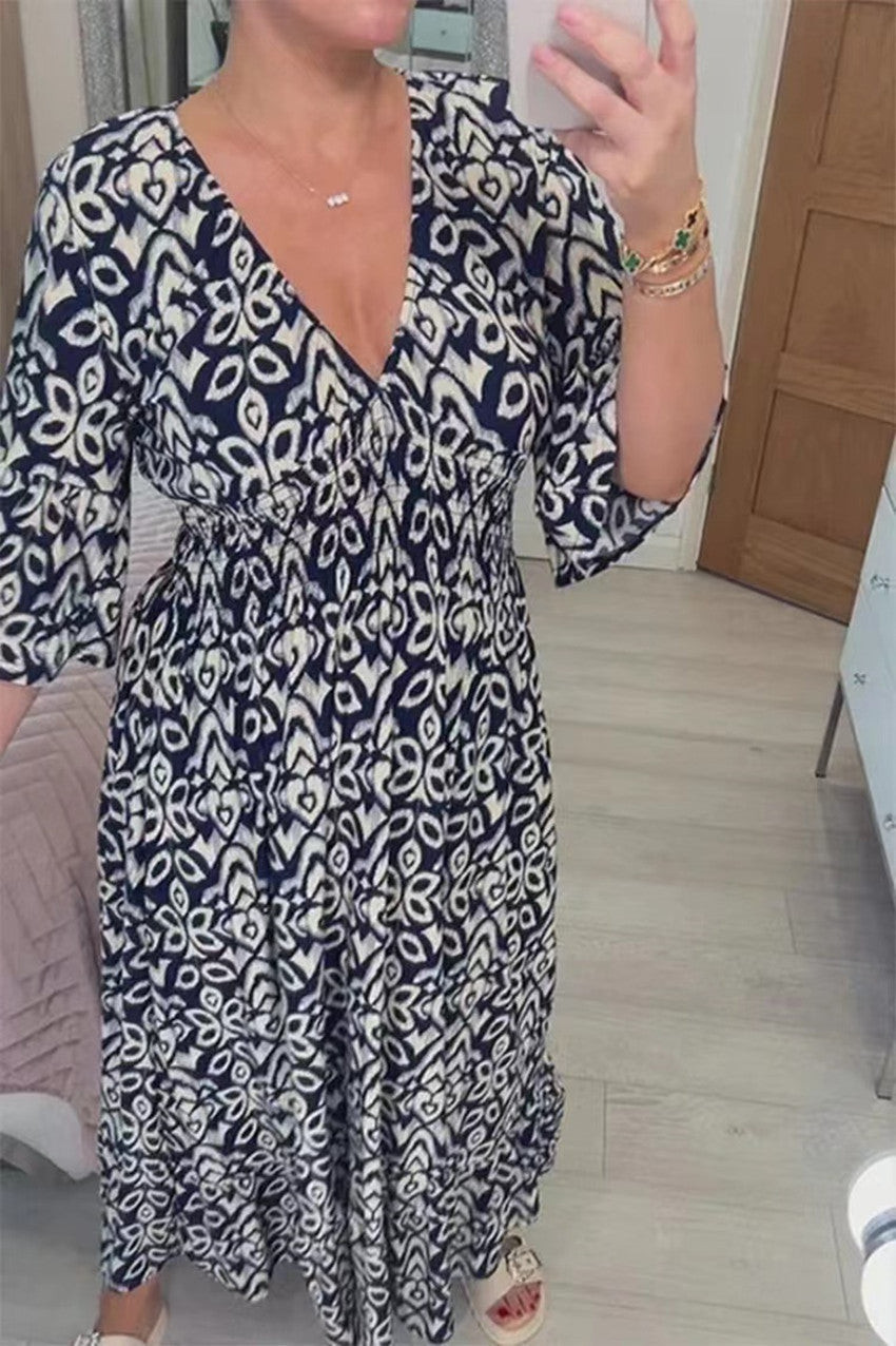Casual Fashion Women Floral V Neck Loose Maxi Dress