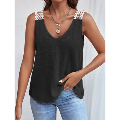 Camiseta sin mangas informal de verano para mujer con diseño de gofres y encaje de color liso