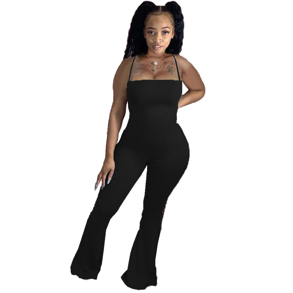 Women Solid Color Sling Skinny Flared Casual Jumpsuit