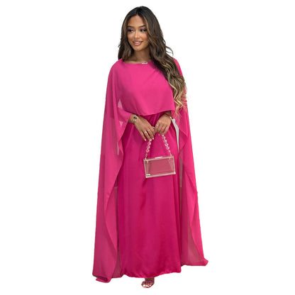 Women Fashion Casual Solid Color Round Neck Loose Abaya Chiffon Maxi Dress