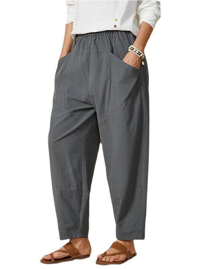 Women Solid Color Casual Stitching Loose Harem Elastic Waist Pants