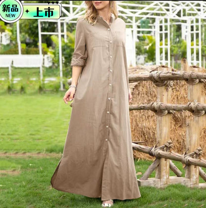 Women Casual Fshion Solid Color Long Sleeve Single-Breasted Maxi Shirt Dress