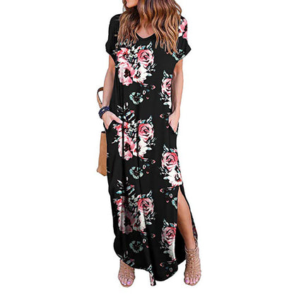 Vestido largo informal bohemio de verano para mujer, con estampado floral, manga corta, abertura lateral y cuello en V