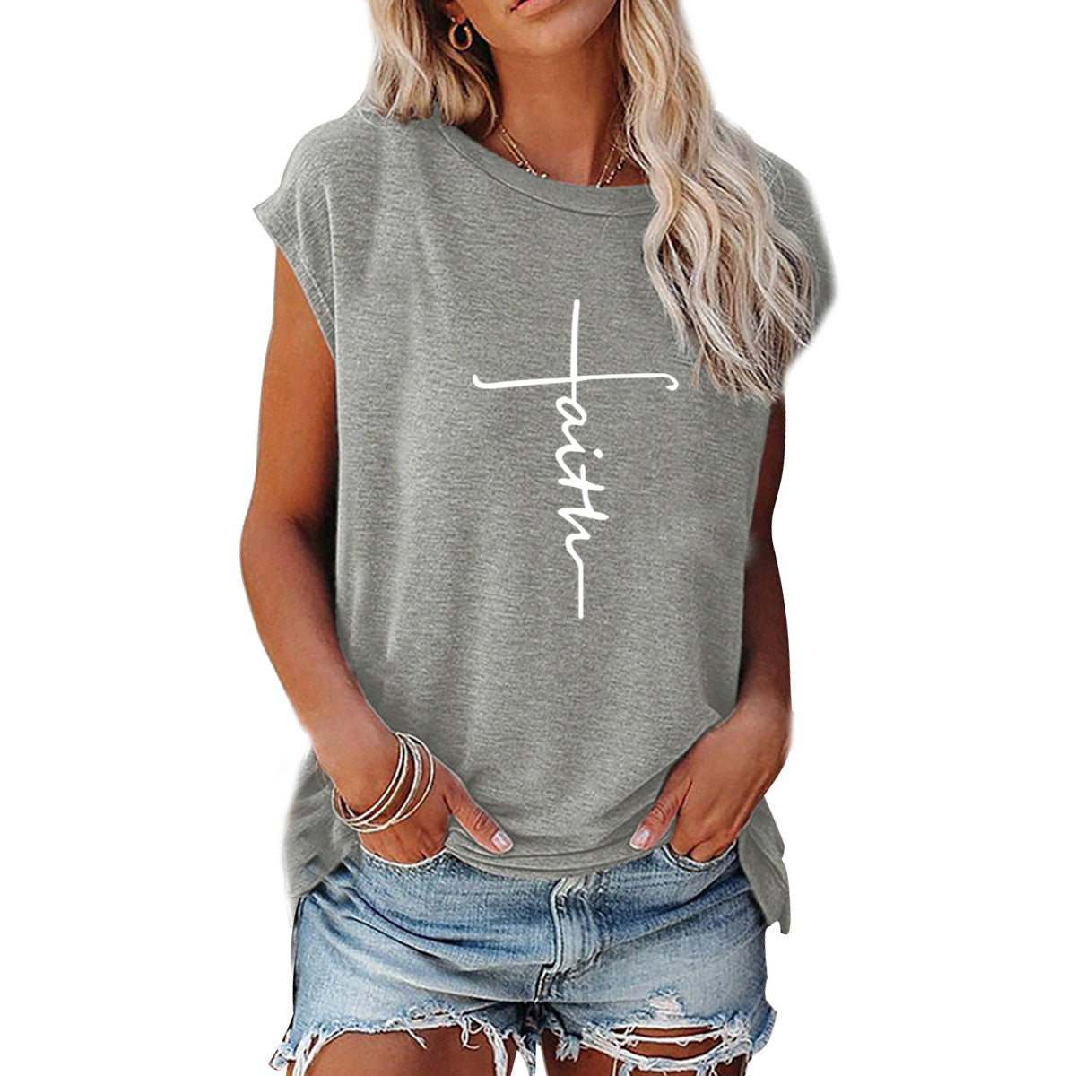 Camiseta informal de verano para mujer con estampado de letras Peace Faith, cuello redondo, manga corta y holgada