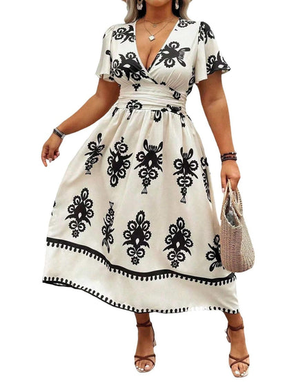 Women Fashion Casual Plus Size Geometric Print V-Neck Short-Sleeve Dress