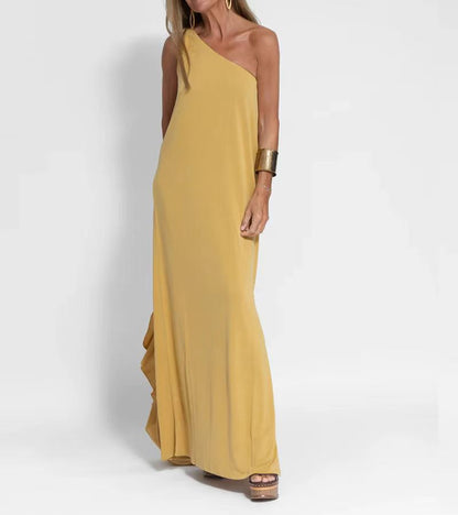 Women Casual Fashion Summer Vacation Slanted Shoulder Solid Color Loose Maxi Dress