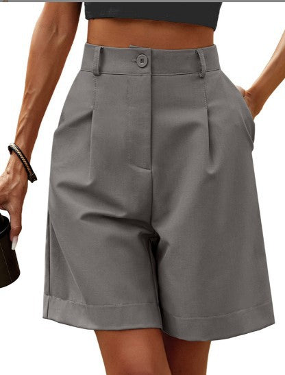 Women Fashion Casual Solid Color Elastic Waist Wide Leg Pockets Shorts