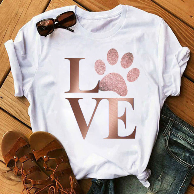 Camiseta informal de manga corta con estampado de corazón para mujer