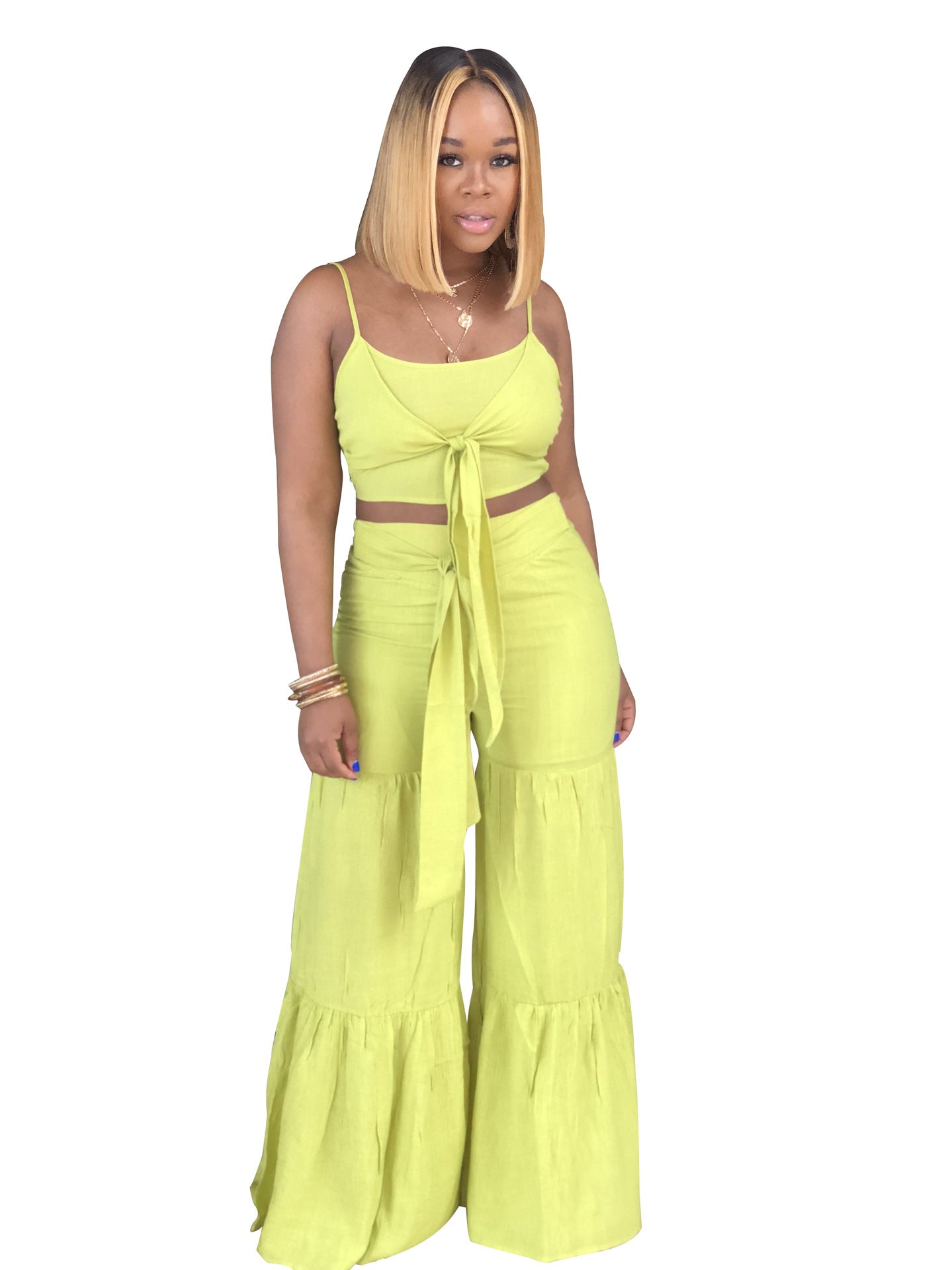 Conjunto de dos piezas de camiseta corta con nudo y pantalones anchos de color liso para mujer, estilo casual, para vacaciones de verano