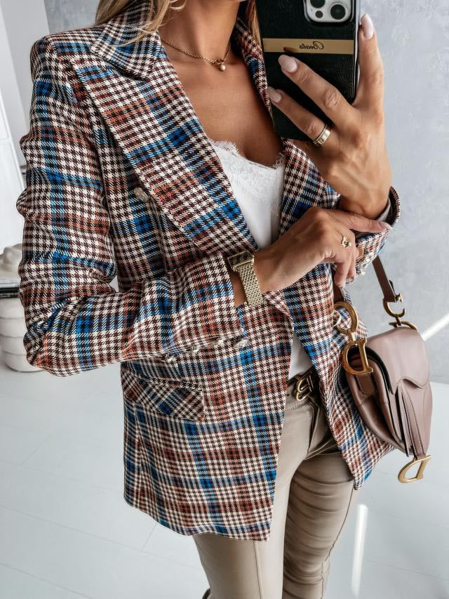 Chaqueta de traje informal de manga larga con estampado de pata de gallo y cuadros para mujer