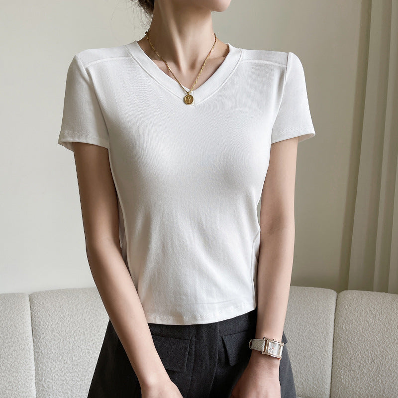 Camiseta informal de manga corta con cuello en V y color liso para mujer de verano