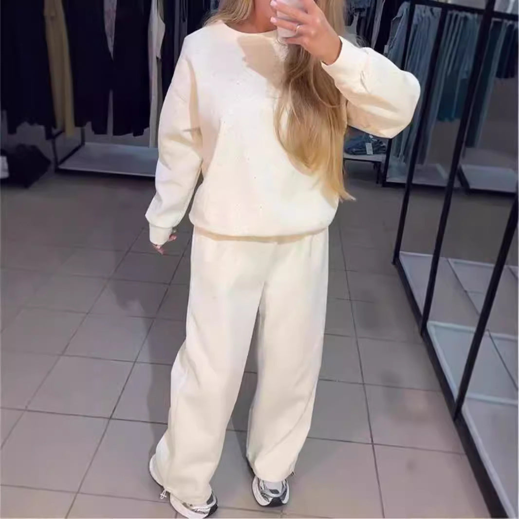 Autumn And Winter Women Athleisure Casual Crew Neck Long Sleeve Rhinestone Sweatshirt Pants Two-Piece Set
