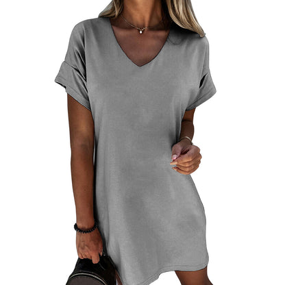 Casual Office Chic Women Solid Color V Neck Short Sleeve Loose Dress