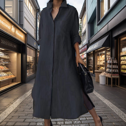 Women Casual Loose Irregular Split Cotton Linen Long Sleeve Dress