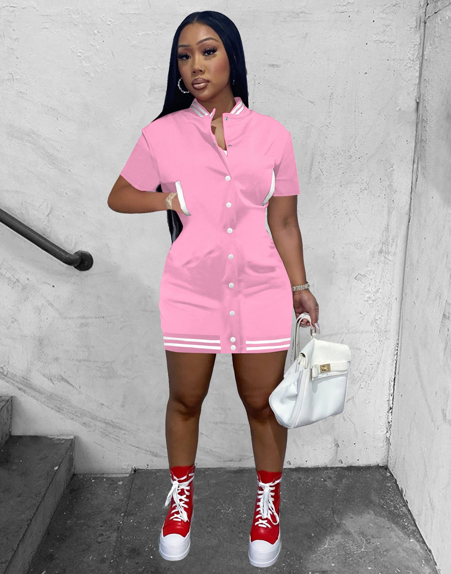 Women Edgy Orange Casual Summer Short-sleeved Single-breasted Athleisure Baseball Dress