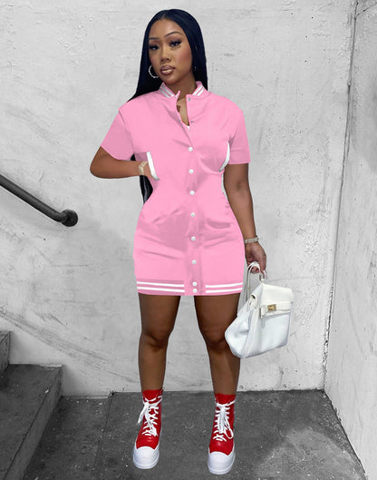 Women Edgy Orange Casual Summer Short-sleeved Single-breasted Athleisure Baseball Dress