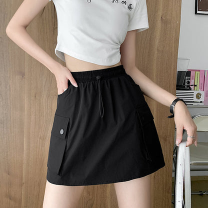 Summer Women Fashion Casual Solid Color High Waist Drawstring Skirt