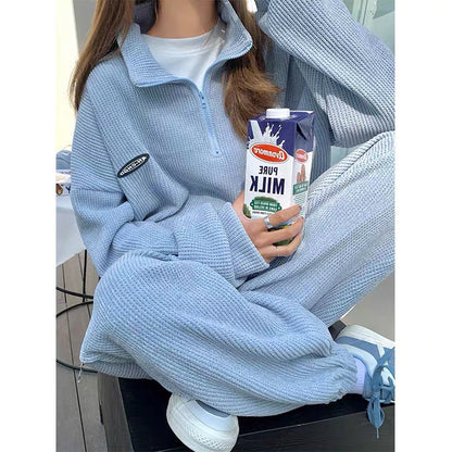 Conjunto deportivo de dos piezas para mujer: suéter tipo gofre, manga larga, top y pantalón