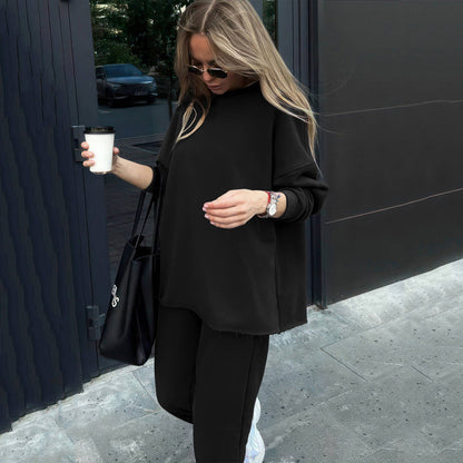 Conjunto deportivo informal de dos piezas para mujer, con camiseta de manga larga y pantalones elásticos de color liso para otoño e invierno