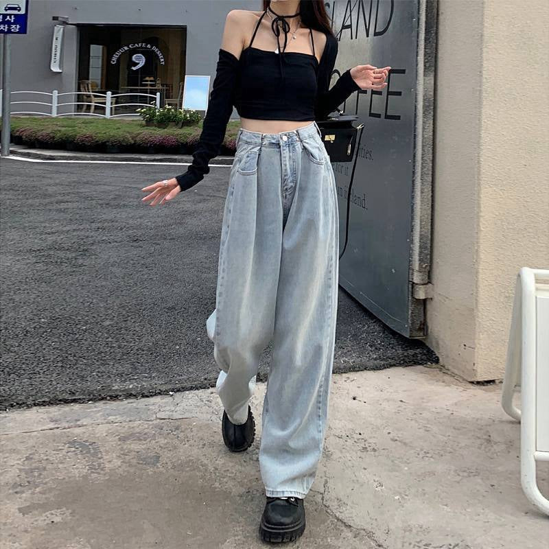 Vaqueros rectos de cintura alta informales a la moda para mujer