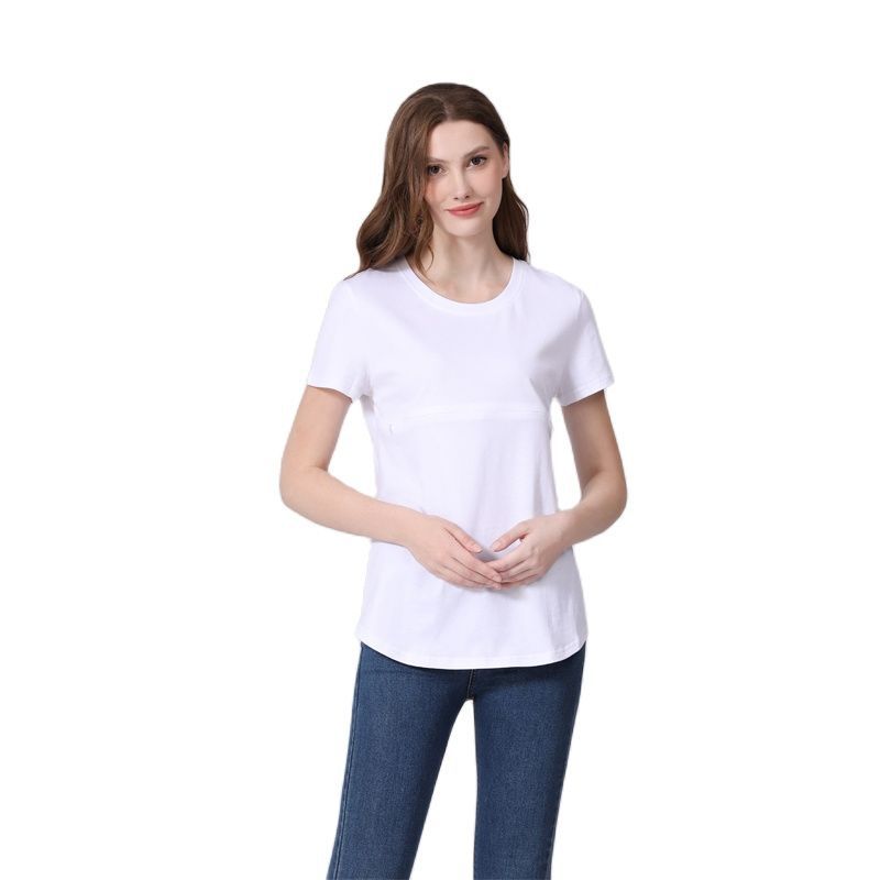 Camiseta informal de algodón de manga corta con cremallera para mujer embarazada y lactante