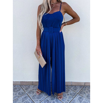 Women Summer Sexy Sling Pleated Casual Vacation Solid Color Jumpsuits
