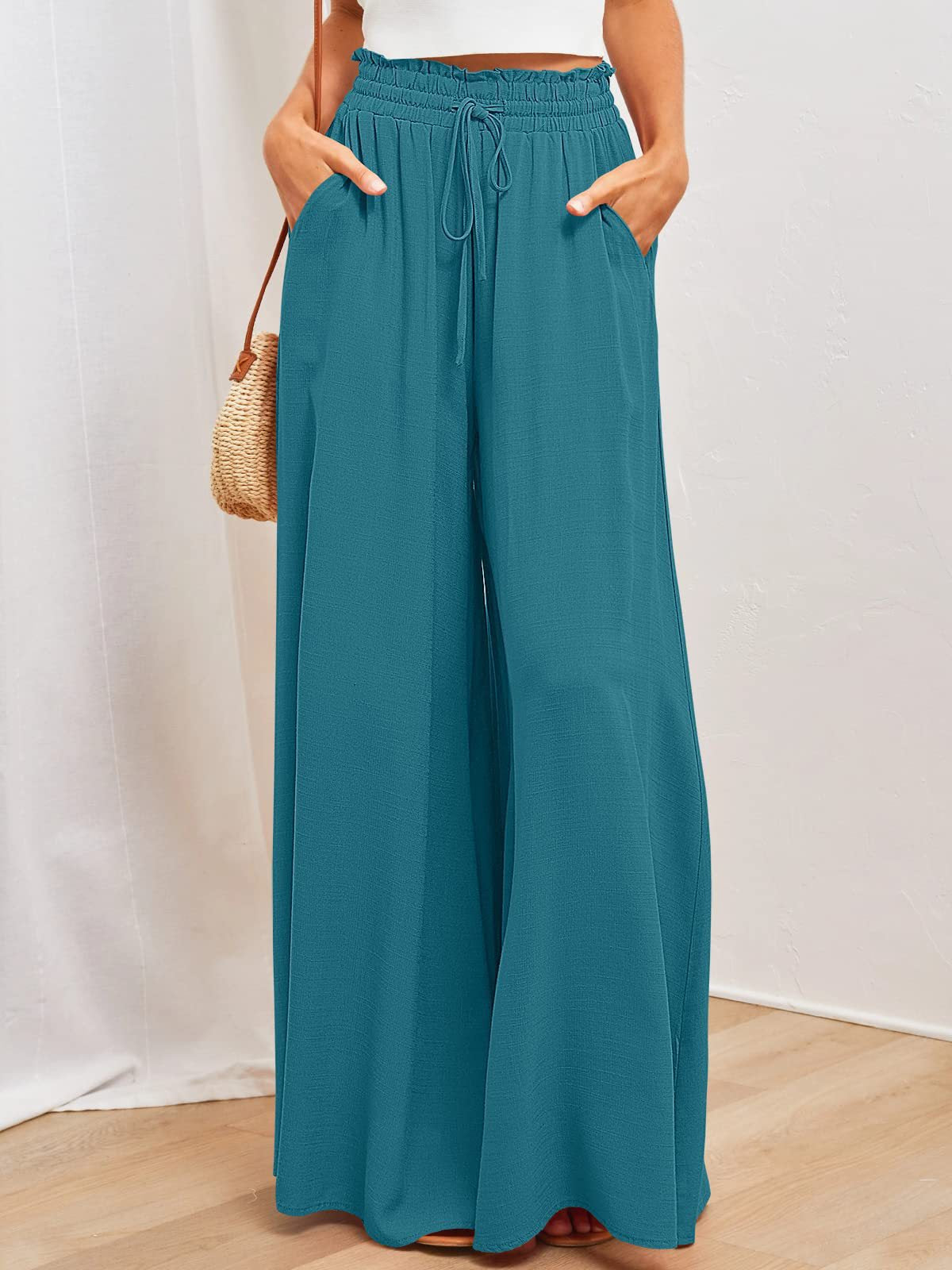 Summer Women Casual Loose Drawstring Wide Leg Pants