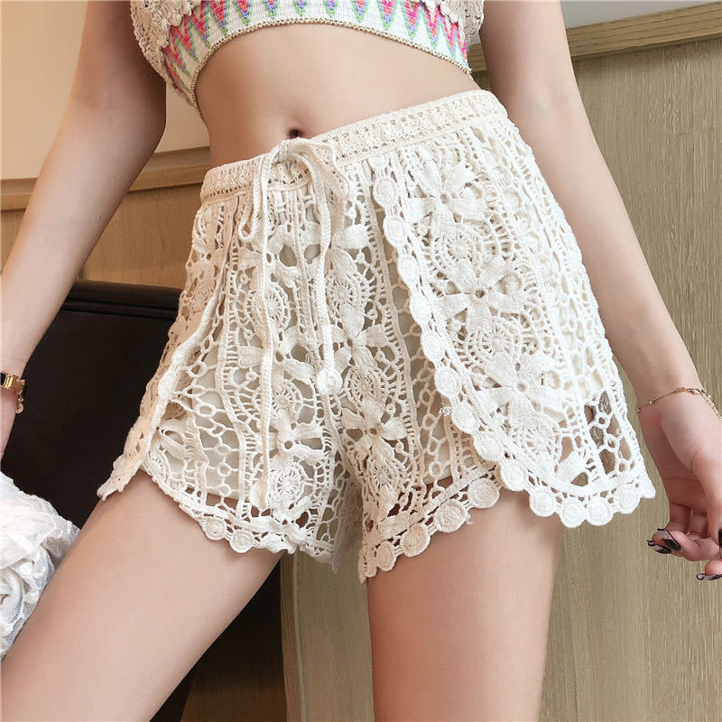 Women Summer Solid Color Crochet Hollow High Waist Casual Shorts