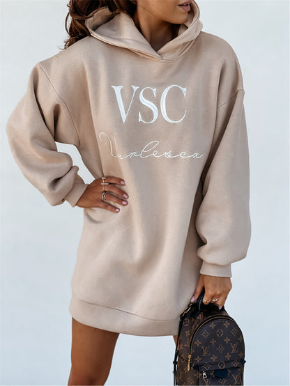 Women Autumn Winter Hooded Urban Casual Fashion Letter Printed Long Sleeves Dress