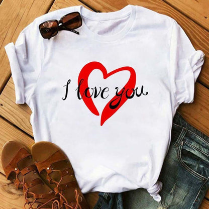 Camiseta informal de manga corta con estampado de corazones para mujer