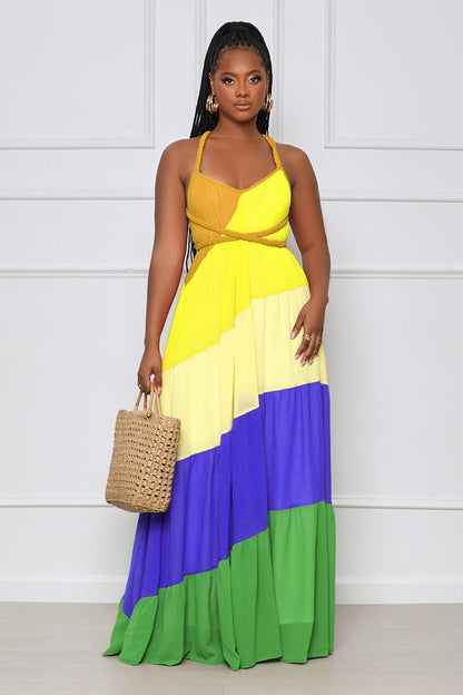 Summer Women Casual Color Blocking Bandage Backless Ruffled Chiffon Dress