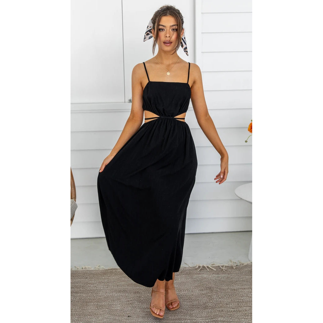 Women Fashion Casual Solid Color Hollow Waist Spaghetti Strap Dress