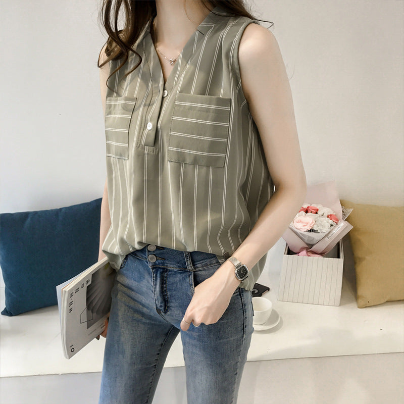 Blusa de gasa holgada informal de verano con cuello en V y rayas sin mangas para mujer
