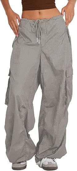 Women Casual Solid Color Loose Pocket Low Waist Drawstring Pants