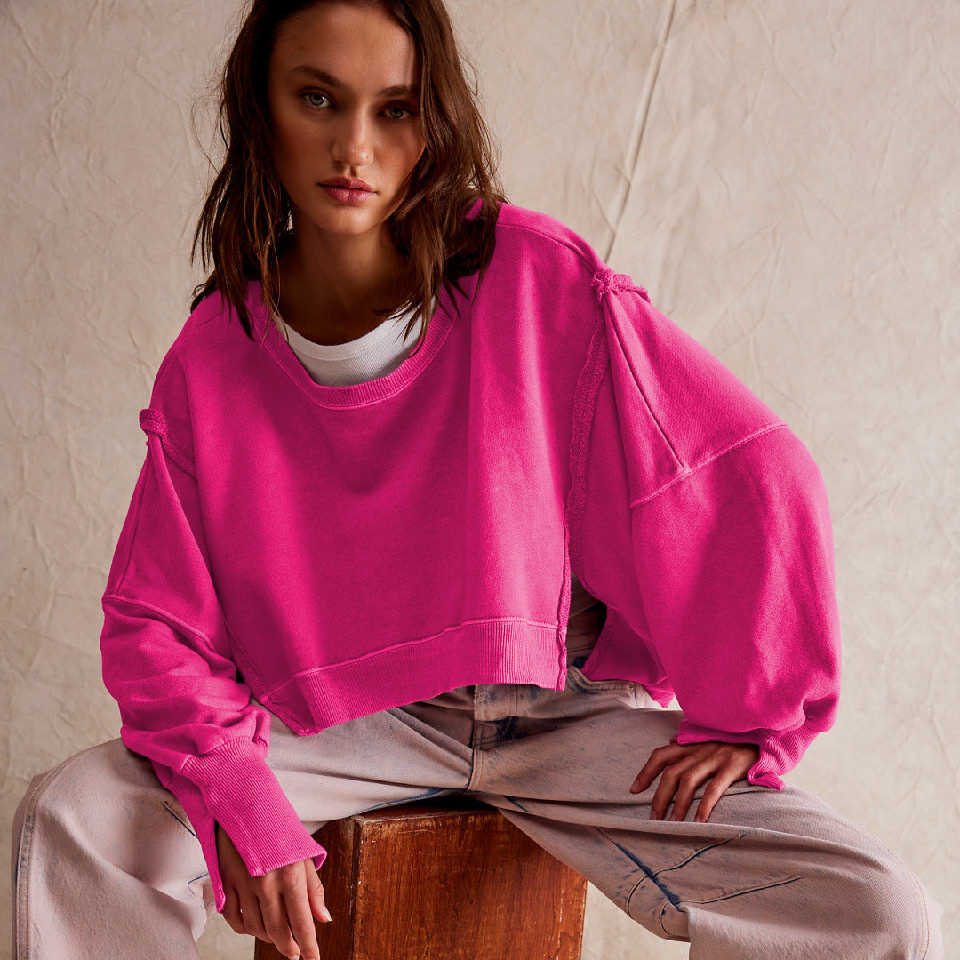 Sudadera corta informal de manga larga con cuello redondo y color liso para mujer