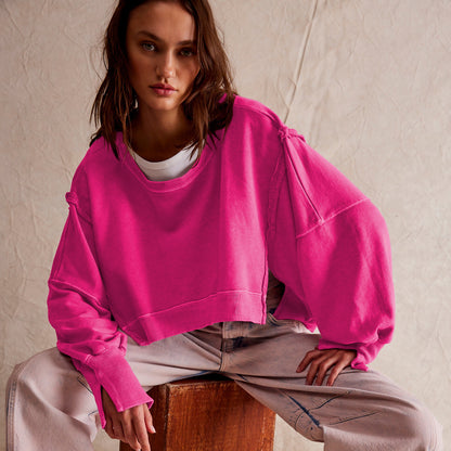 Sudadera corta informal de manga larga con cuello redondo y color liso para mujer