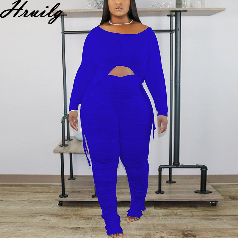 Conjunto de dos piezas de ropa informal para mujer, con top corto de manga larga y pantalones largos fruncidos, color liso
