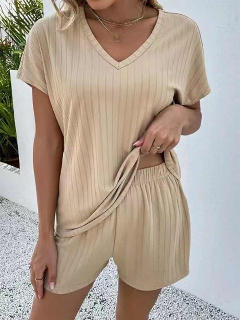 Conjunto de dos piezas de ropa de casa informal y acogedora de punto de color liso para mujer de verano