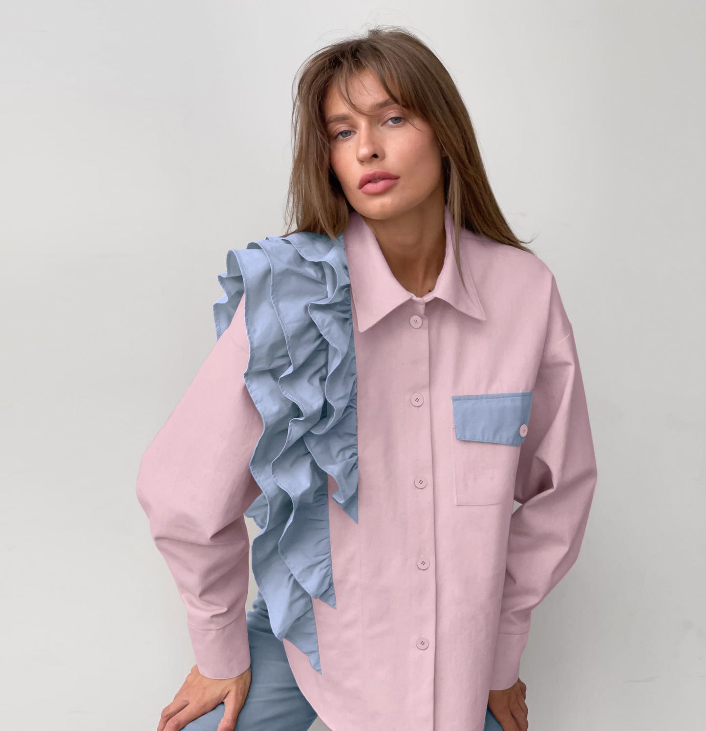 Fashion Office Women Unique Loose Contrast Color Ruffled Long Sleeve Casual Lapel Shirt Blouse