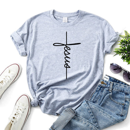 Peace Women Casual Letter Faith Print Short-sleeved Round Neck Loose Colored T-shirt