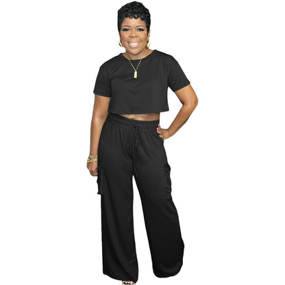 Women Casual Solid Color Round Neck Short-Sleeved Crop Top Drawstring Wide-Leg Pants Two-Piece Set