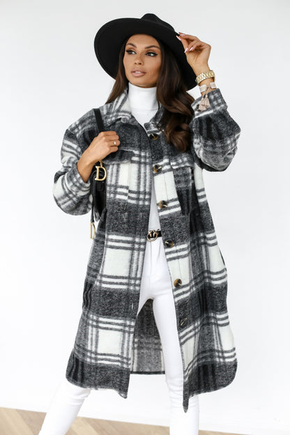 Abrigo de invierno para mujer, de manga larga, con solapa abotonada, informal, cálido, a cuadros